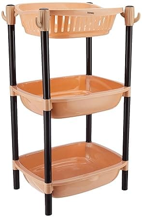 Amazon Brand - Solimo Three-Tier Multipurpose Plastic Rack for Kitchen, Living Room, Bathroom (XL, Beige and Brown)