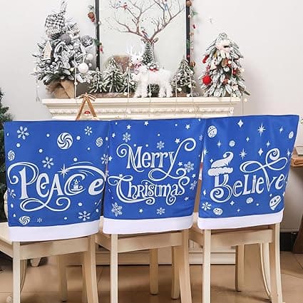 CCINEE 4pcs Christmas Chair Covers for Dining Rooms,Blue Holiday Chair Slipcovers for Kitchen Wedding Xmas Party Table Decor Winter Christmas Chair Back Covers